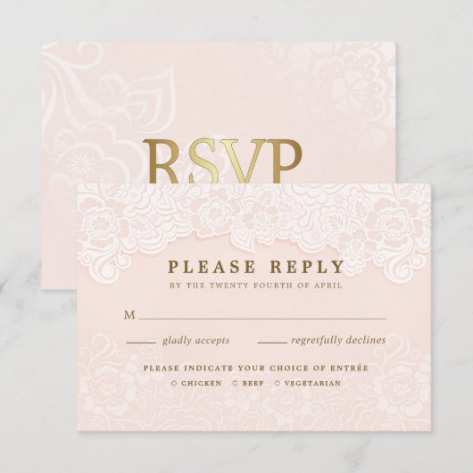 Blush Roze Bloemen Kant RSVP Met Enbomen (Voorkant / Achterkant)