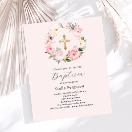 Blush roze bloemen krans kruis doop uitnodiging