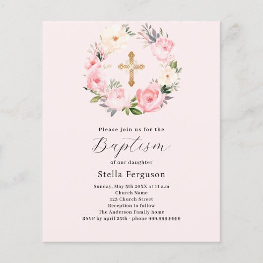 Blush roze bloemen krans kruis doop uitnodiging (Voorkant)