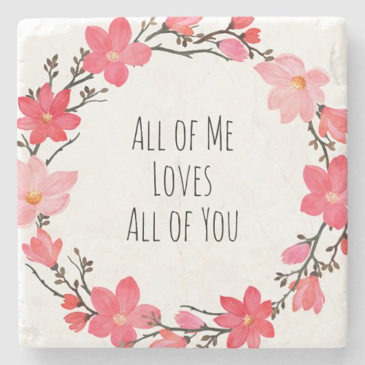  Blush Roze Bloemen Krans Liefde Typografie Stenen Onderzetter (Voorkant)