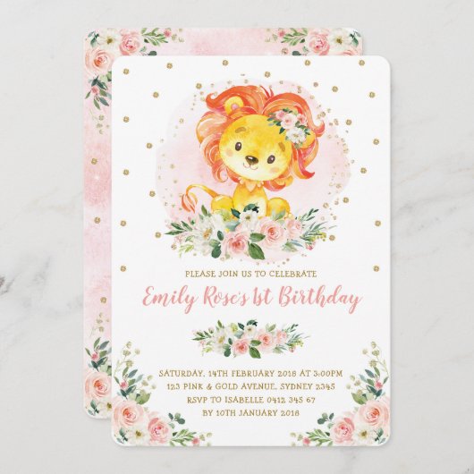 Blush Roze Bloemen Leeuw 1e Verjaardag Girly Wild  Kaart (Voorkant / Achterkant)