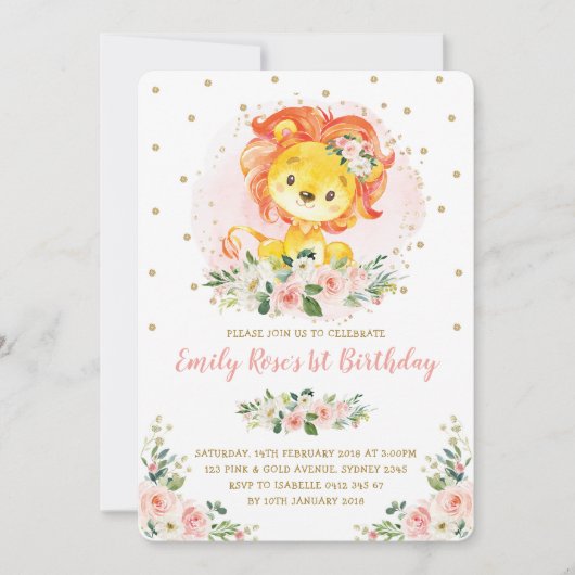 Blush Roze Bloemen Leeuw 1e Verjaardag Girly Wild  Kaart (Voorkant)