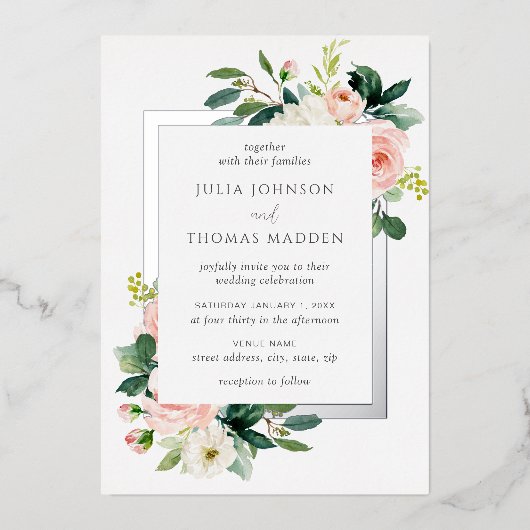 Blush roze Bloemen Lijst bruiloft Folie Uitnodiging (Voorkant)