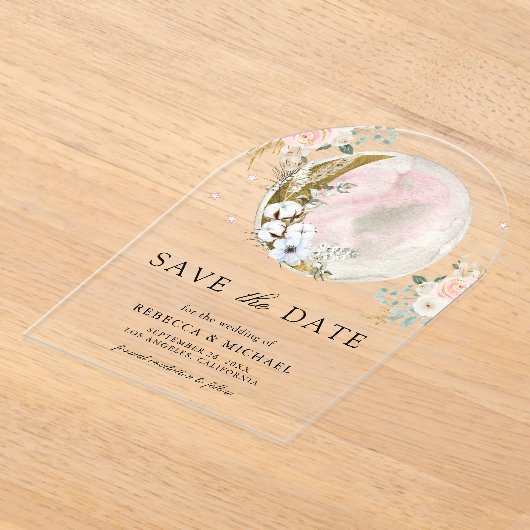Blush Roze Bloemen Maan Huwelijk Save the Date Acryl Uitnodigingen (Laagn)