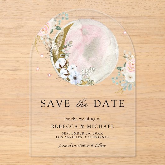Blush Roze Bloemen Maan Huwelijk Save the Date Acryl Uitnodigingen (Voorkant)