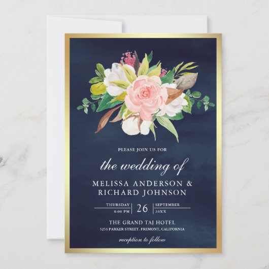 Blush Roze Bloemen Marine Blauw Alles in Een Huwel Kaart (Voorkant)