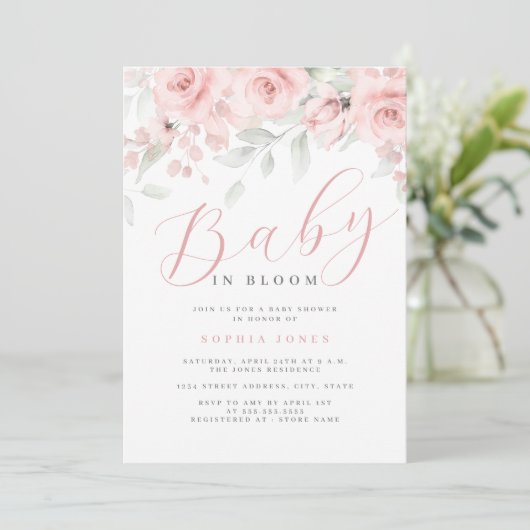 Blush Roze Bloemen Meisje Baby in Bloom Baby showe Kaart (Staand voorkant)