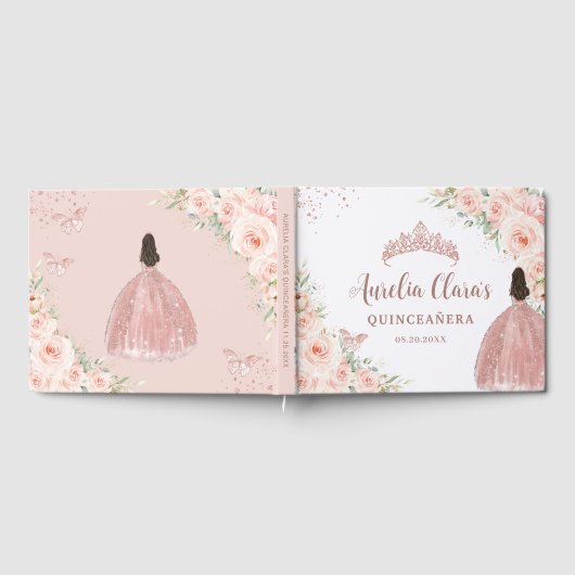 Blush Roze Bloemen Meisje Jurk Roos Goud Quinceane Gastenboek (Volledig)