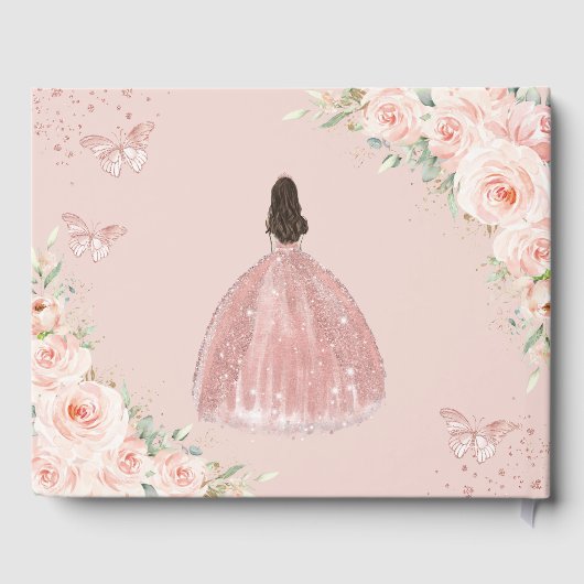Blush Roze Bloemen Meisje Jurk Roos Goud Quinceane Gastenboek (Achterkant)