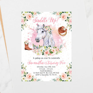 Blush Roze Bloemen Meisje Paard Verjaardagsfeest Kaart