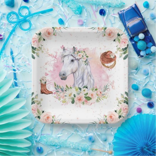 Blush Roze Bloemen Meisje Paard Verjaardagsfeest Papieren Bordje (Feest)