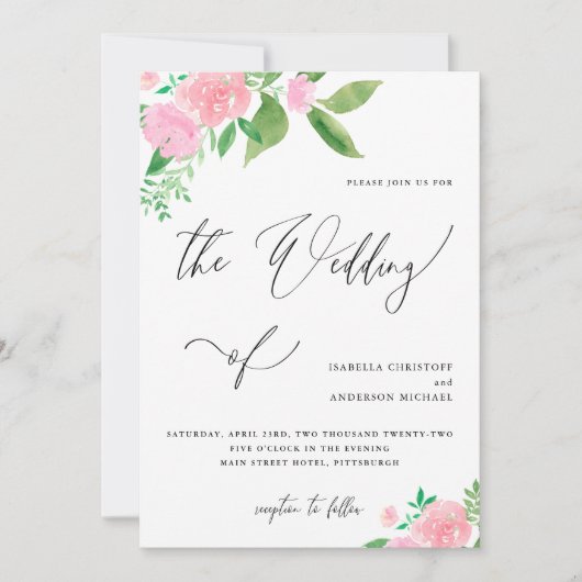 Blush Roze Bloemen met Kalligrafie Bruiloft Kaart (Voorkant)