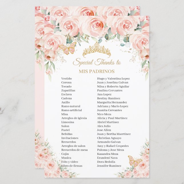 Blush roze bloemen Mis Padrinos Quinceañera (Voorkant / Achterkant)