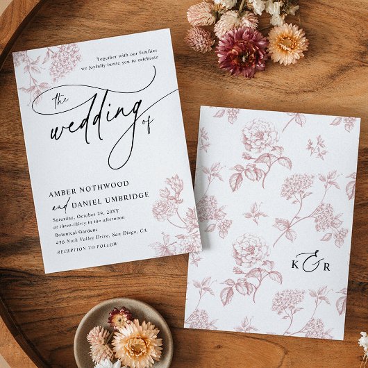 Blush Roze Bloemen Modern Script Wedding Kaart