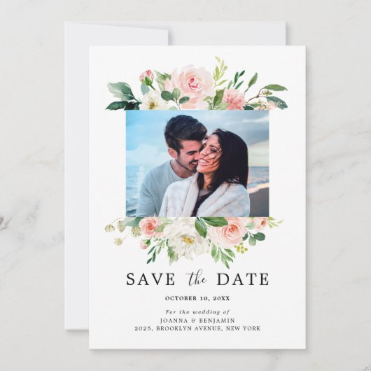 Blush Roze Bloemen Moderne Botanische Bruiloft Fot Save The Date (Voorkant)