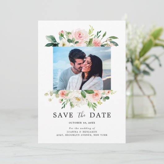 Blush Roze Bloemen Moderne Botanische Bruiloft Fot Save The Date (Staand voorkant)