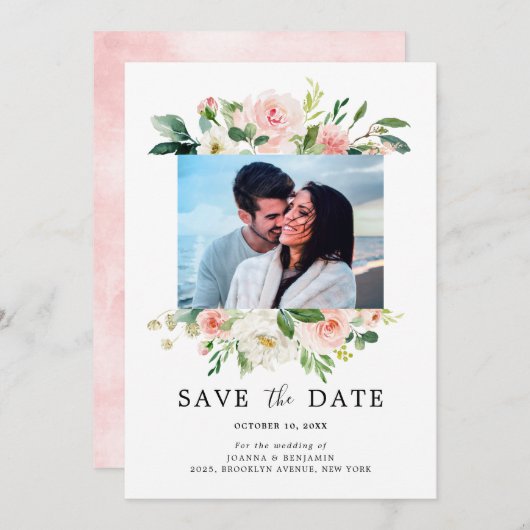 Blush Roze Bloemen Moderne Botanische Bruiloft Fot Save The Date (Voorkant / Achterkant)