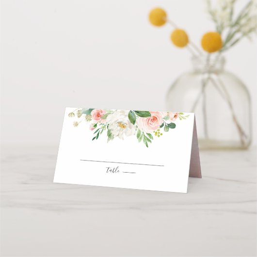 Blush roze bloemen Moderne botanische bruiloft Plaatskaartje (Achterkant)