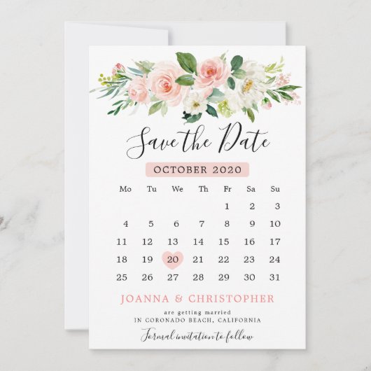 Blush Roze Bloemen Moderne Botanische Kalender Save The Date (Voorkant)