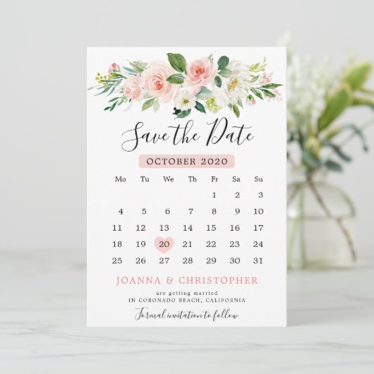 Blush Roze Bloemen Moderne Botanische Kalender Save The Date (Staand voorkant)