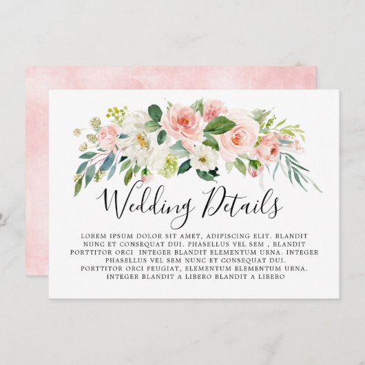 Blush Roze Bloemen Moderne Botanische Trouwdetail Informatiekaartje (Voorkant / Achterkant)