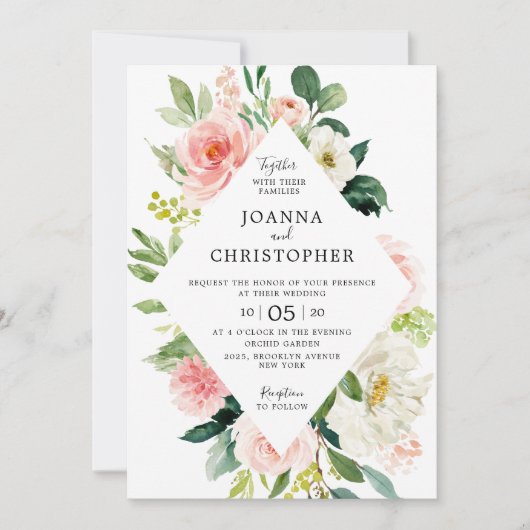 Blush roze bloemen Moderne geometrische bruiloft Kaart (Voorkant)