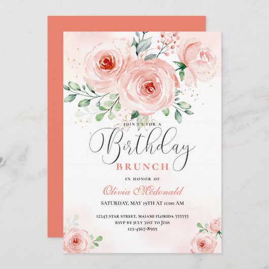 Blush Roze bloemen Moderne verjaardag Kaart (Voorkant / Achterkant)