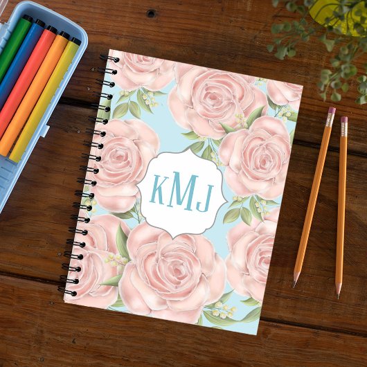  Blush Roze Bloemen Monogram Botanische Rozen Notitieboek