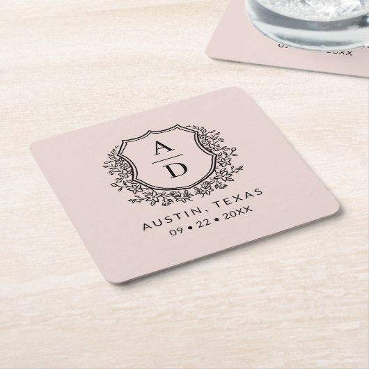 Blush Roze Bloemen Monogram Bruiloft Crest Modern Kartonnen Onderzetters (Schuin)