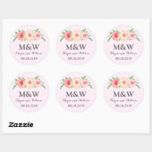 Blush Roze Bloemen Monogram Bruiloft Ronde Sticker (Vel)