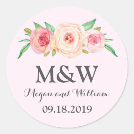 Blush Roze Bloemen Monogram Bruiloft Ronde Sticker