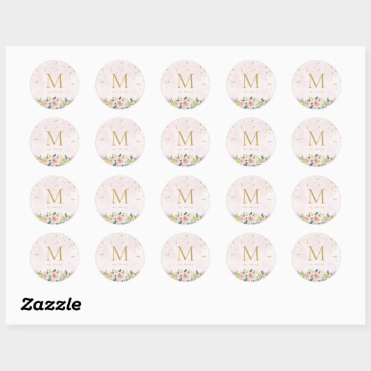 Blush Roze Bloemen Monogram Bruiloft Ronde Sticker (Vel)