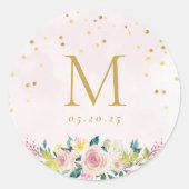 Blush Roze Bloemen Monogram Bruiloft Ronde Sticker (Voorkant)