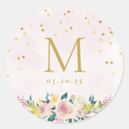 Blush Roze Bloemen Monogram Bruiloft Ronde Sticker