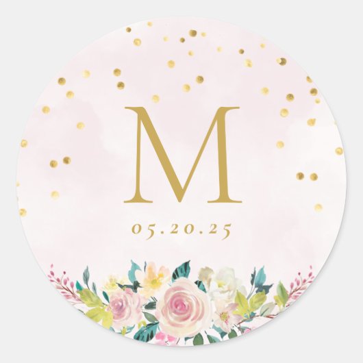 Blush Roze Bloemen Monogram Bruiloft Ronde Sticker (Voorkant)