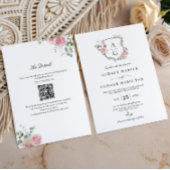 Blush Roze Bloemen Monogram Crest QR Code Huwelijk Kaart