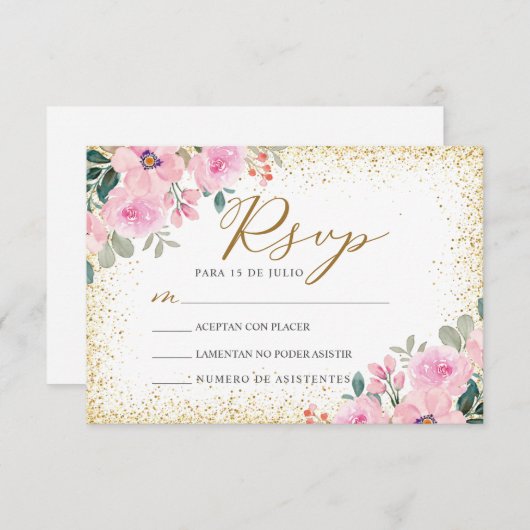Blush Roze Bloemen Nuestra Boda Bruiloft RSVP Kaart (Voorkant / Achterkant)