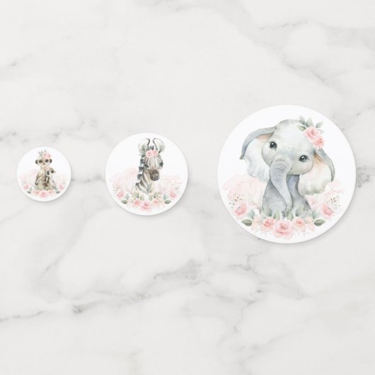 Blush Roze Bloemen Oerwoud Safari Baby Dieren Part Confetti (Voorkanten)