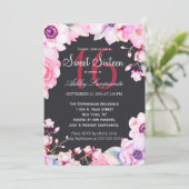 Blush roze bloemen op Black Sweet 16 Uitnodigingen (Staand voorkant)