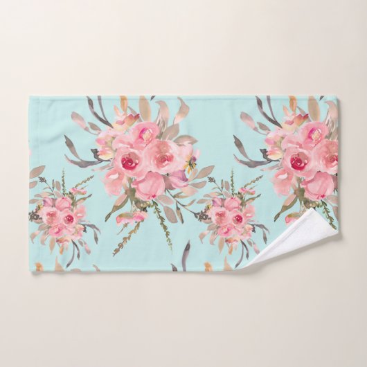 Blush roze bloemen op lichtblauw bad handdoek (Handdoek)