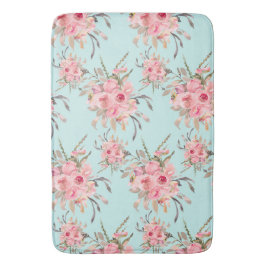 Blush roze bloemen op lichtblauw badmat