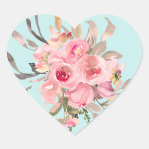 Blush roze bloemen op lichtblauw hart sticker