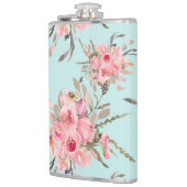 Blush roze bloemen op lichtblauw heupfles (Links)