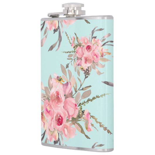 Blush roze bloemen op lichtblauw heupfles (Links)