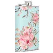 Blush roze bloemen op lichtblauw heupfles (Rechts)