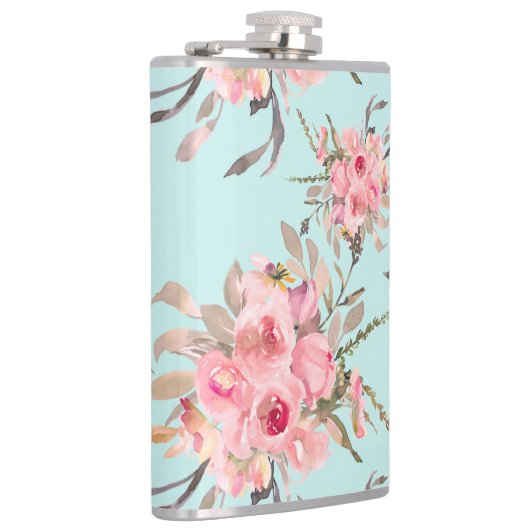 Blush roze bloemen op lichtblauw heupfles (Rechts)