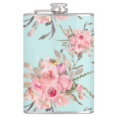 Blush roze bloemen op lichtblauw heupfles (Voorkant)