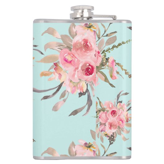 Blush roze bloemen op lichtblauw heupfles (Achterkant)