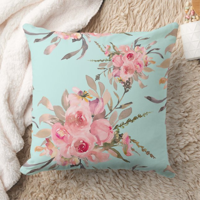 Blush roze bloemen op lichtblauw kussen (Deken)