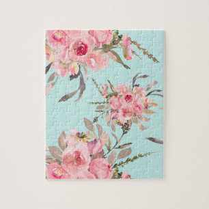 Blush roze bloemen op lichtblauw legpuzzel